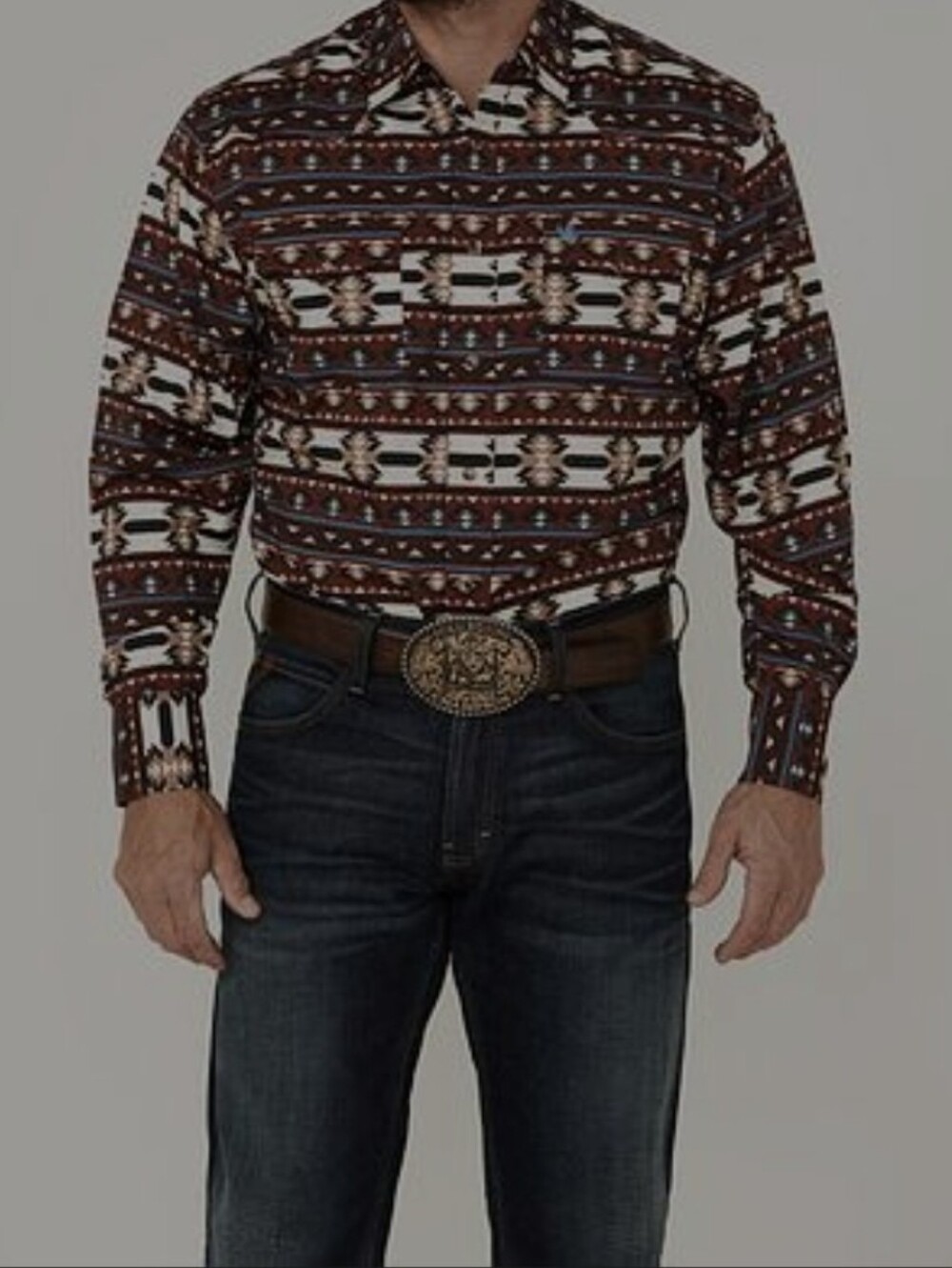 NWT Men's Rodeo XL Western Aztec Print Button-Up Shirt in Burgundy and Cream